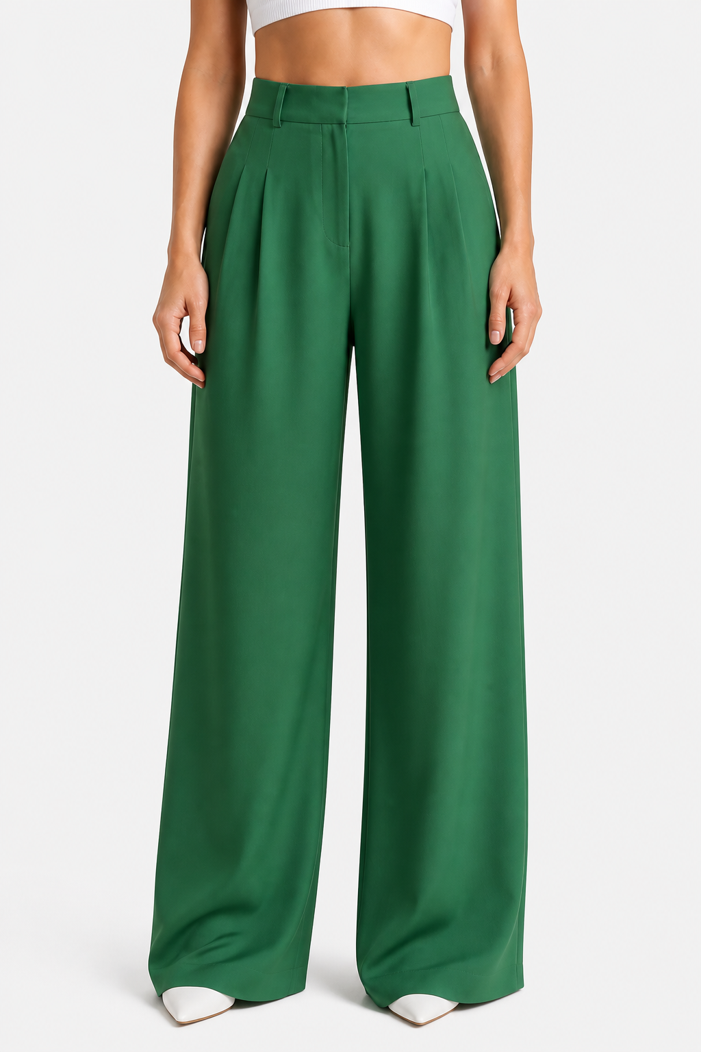 High Waist Wide Leg Trousers - Pleated - Green - front