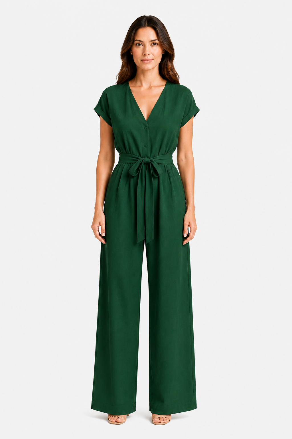 Women's Relaxed Wide Leg Jumpsuit – Tie Waist Summer Style - Green - front