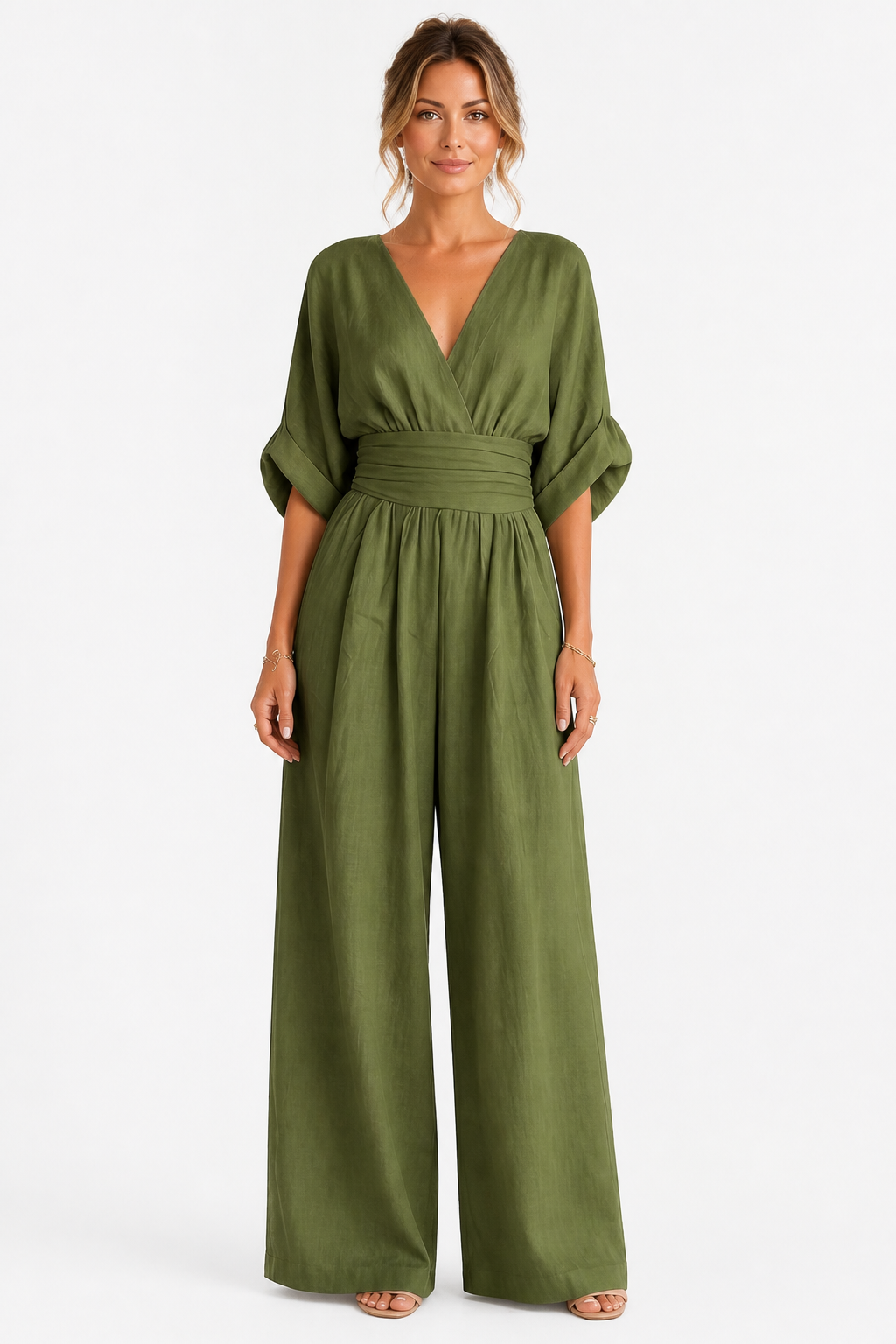 Valoria – Draped waist elegance – Wide-leg jumpsuit - Green - front