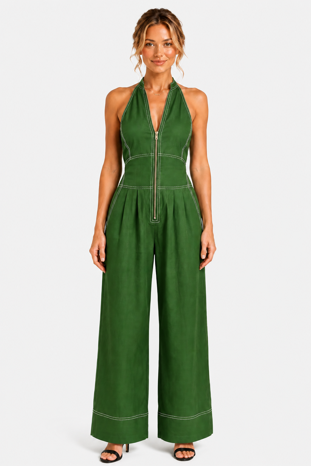 Darelle – Contrast stitch utility – Wide-leg jumpsuit - Green - front