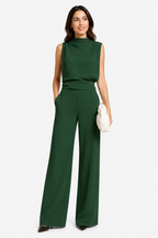 Women’s Jumpsuit with Sleeveless Upper and Wide-Leg Design - Green - front