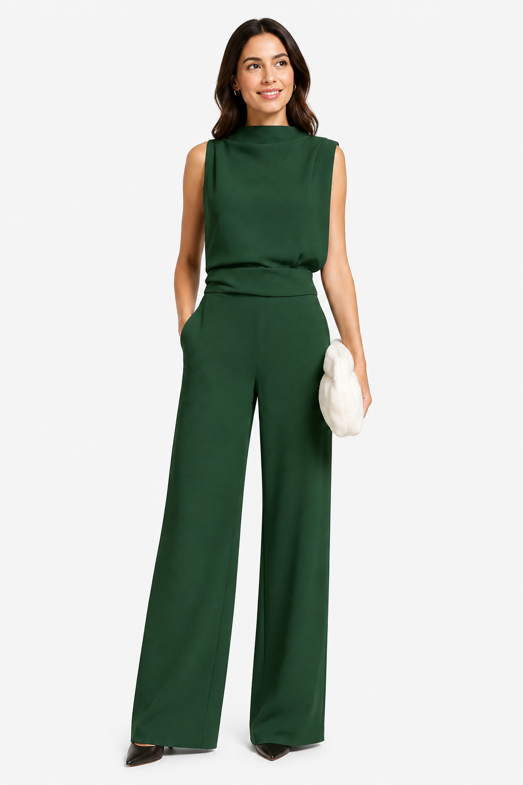 Women’s Jumpsuit with Sleeveless Upper and Wide-Leg Design - Green - front