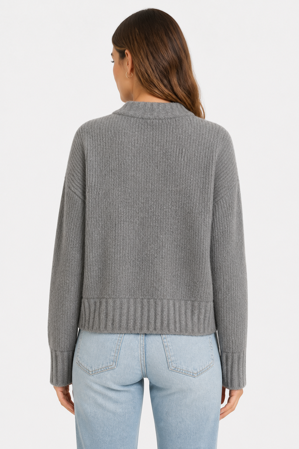 Zip Up Knitted Cardigan with Round Neck for Women - Grey - back