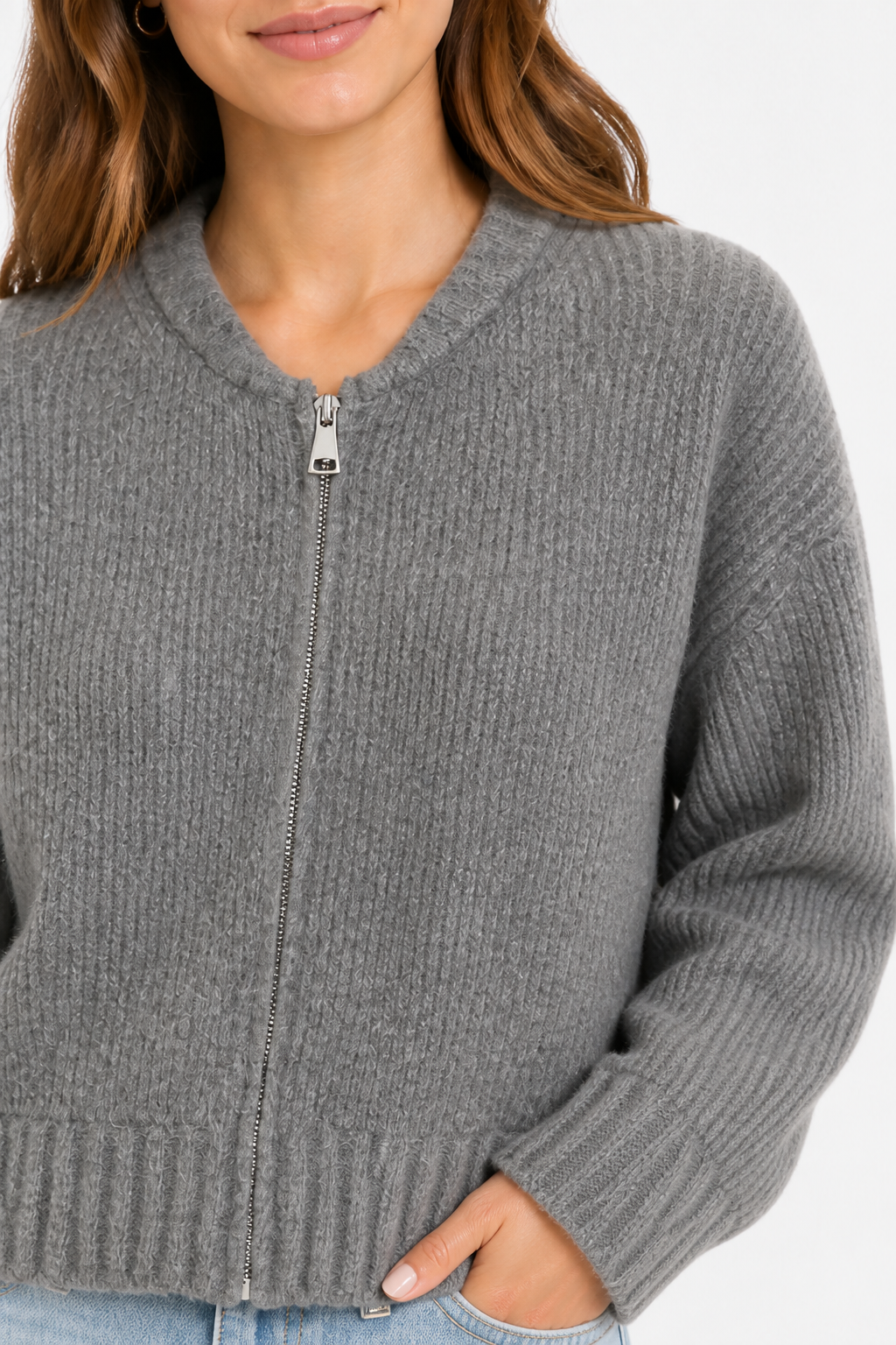 Zip Up Knitted Cardigan with Round Neck for Women - Grey - detail 1