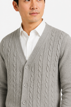 Men's Cable Knit Cardigan - V-Neck Button Front - Grey - detail 1