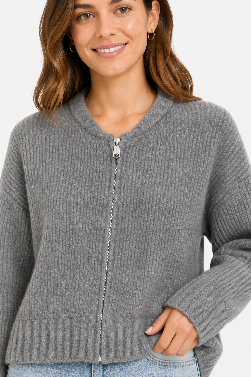 Zip Up Knitted Cardigan with Round Neck for Women - Grey - detail 2