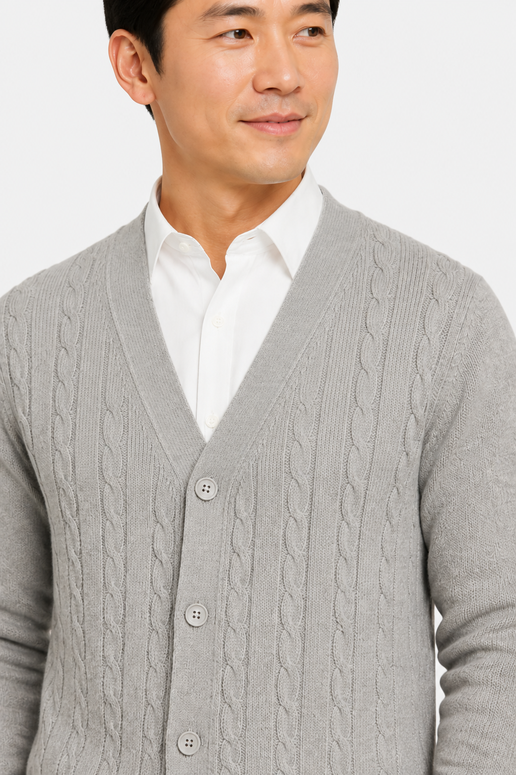 Men's Cable Knit Cardigan - V-Neck Button Front - Grey - detail 2