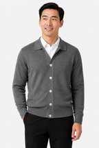 Men's Knit Cardigan Button Front Collar Classic Fit - Grey - front