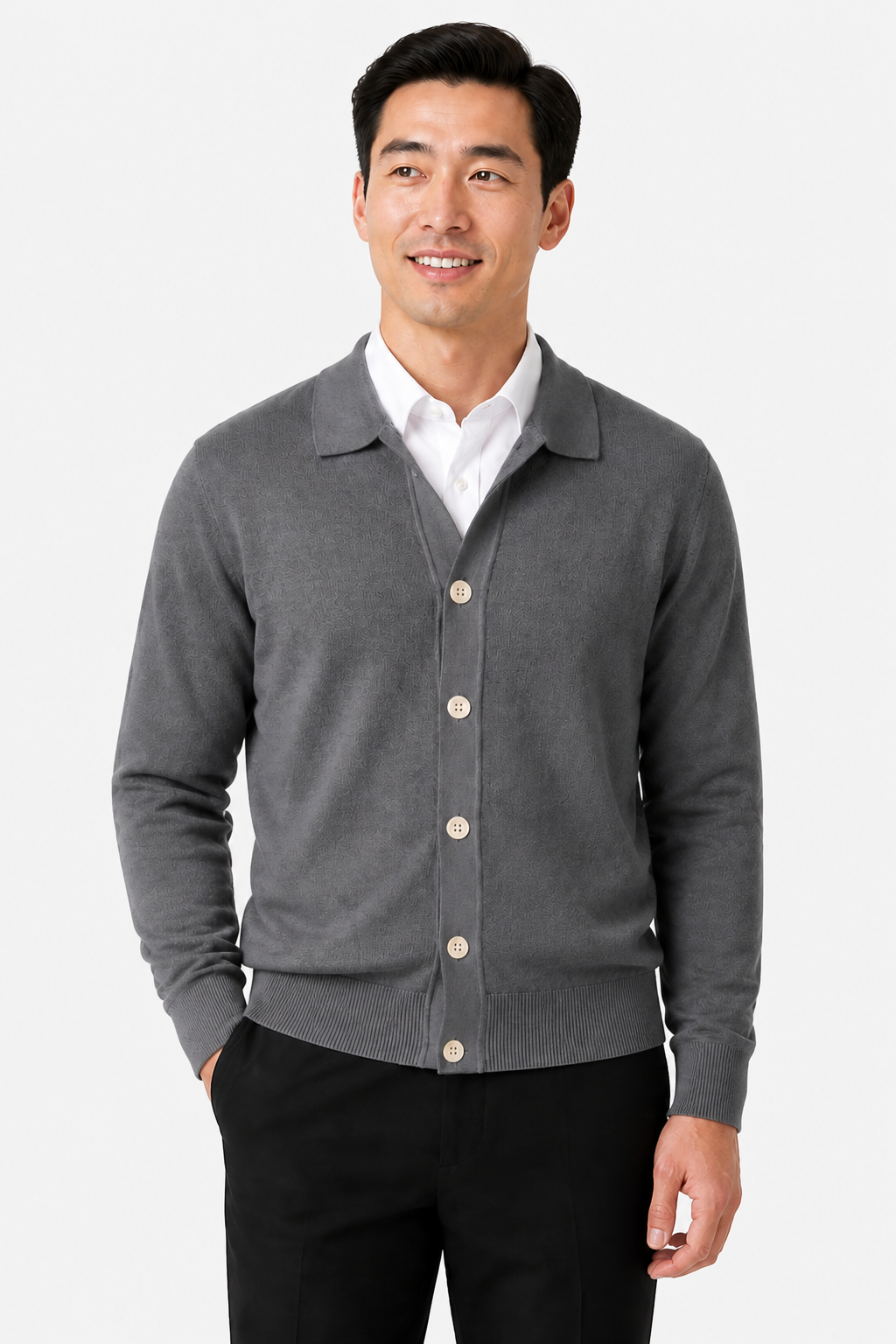 Men's Knit Cardigan Button Front Collar Classic Fit - Grey - front