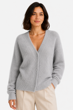 Women's Fluffy V-Neck Cardigan with Button Front - Grey - front