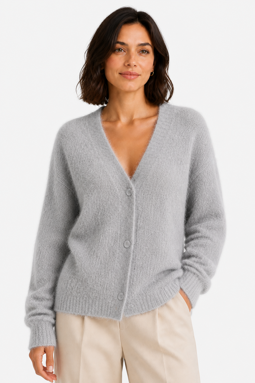 Women's Fluffy V-Neck Cardigan with Button Front - Grey - front