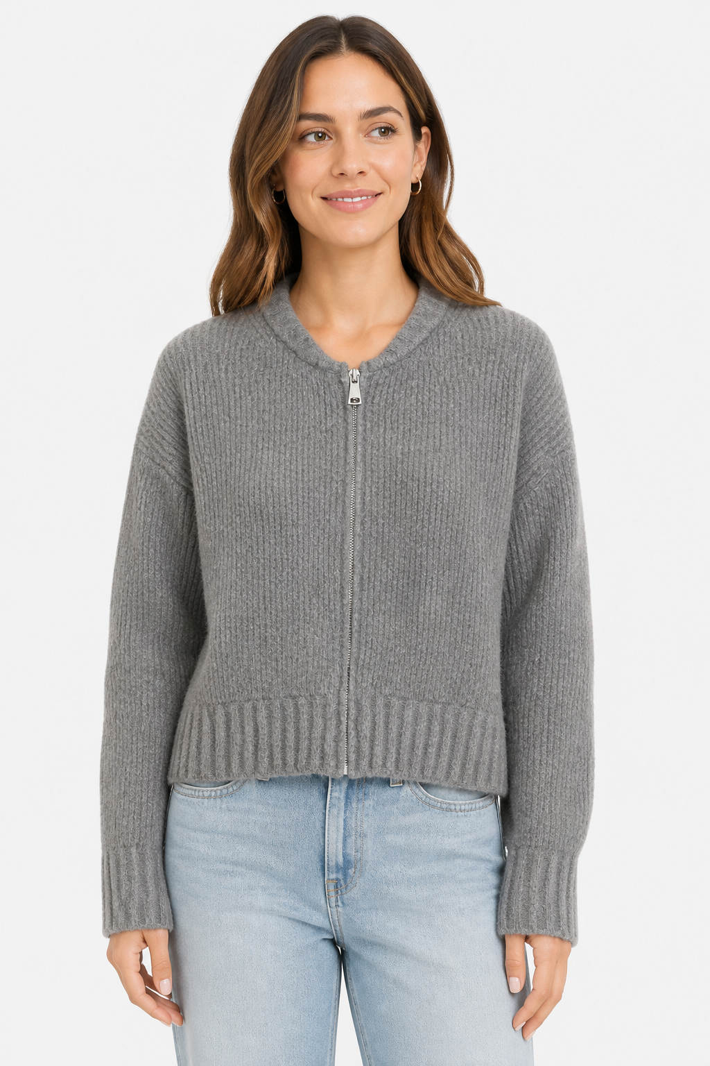 Zip Up Knitted Cardigan with Round Neck for Women - Grey - front