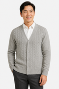 Men's Cable Knit Cardigan - V-Neck Button Front - Grey - front