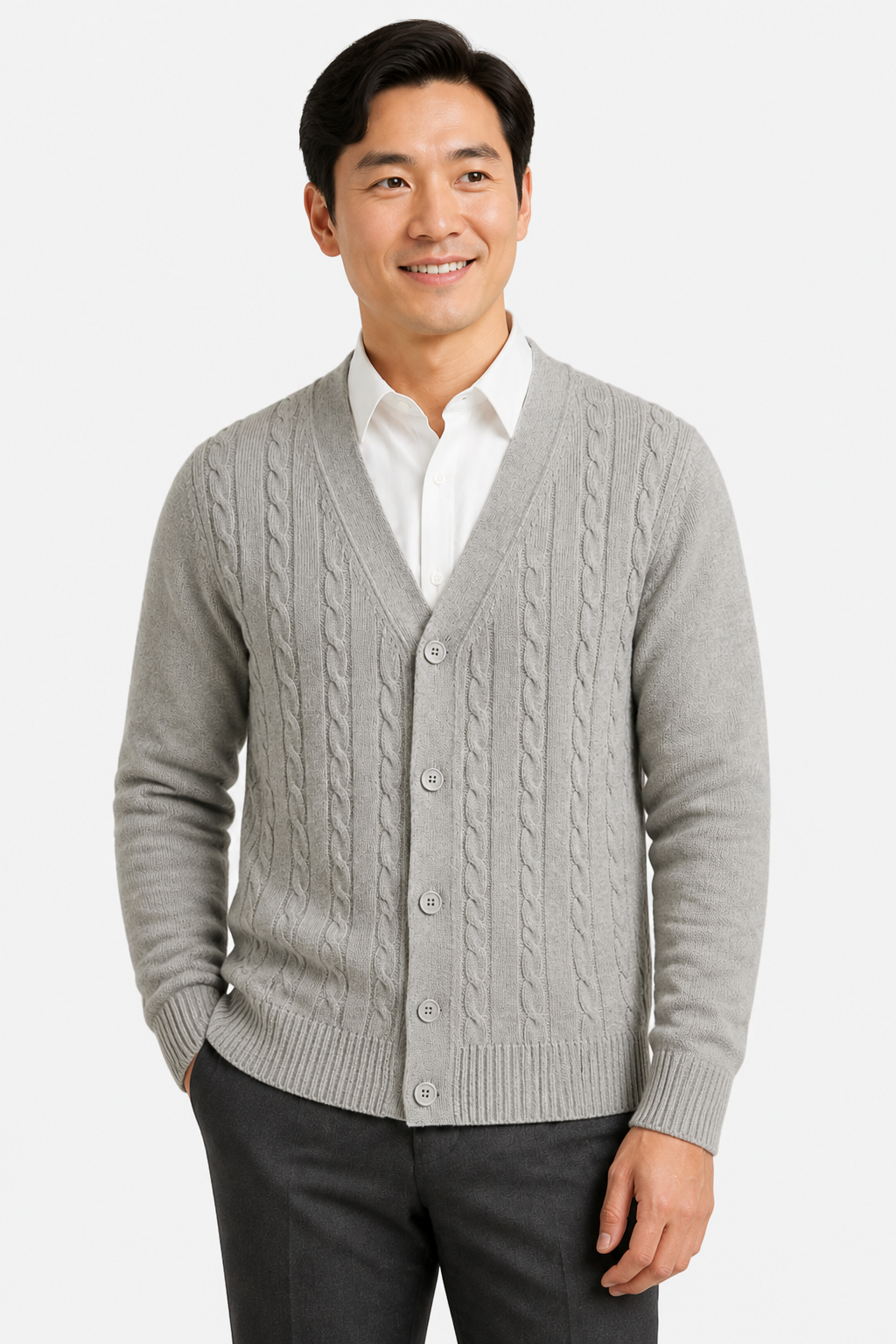 Men's Cable Knit Cardigan - V-Neck Button Front - Grey - front