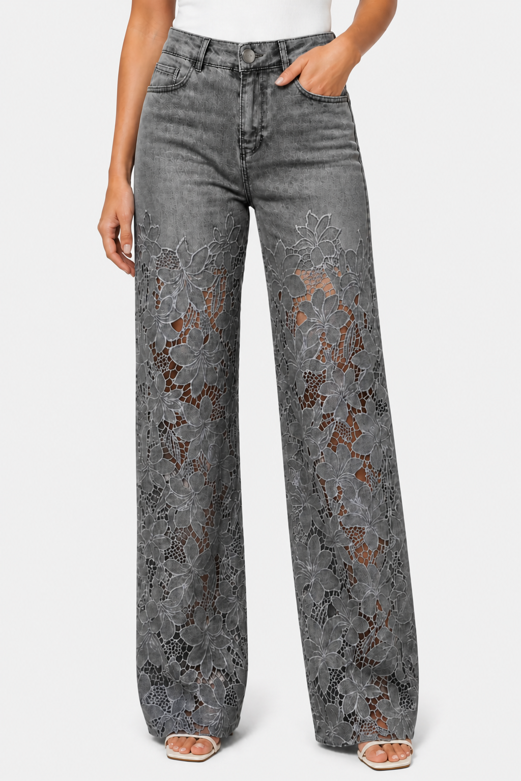 Solérine – Floral lace overlay – Wide-leg denim jeans - Grey - front