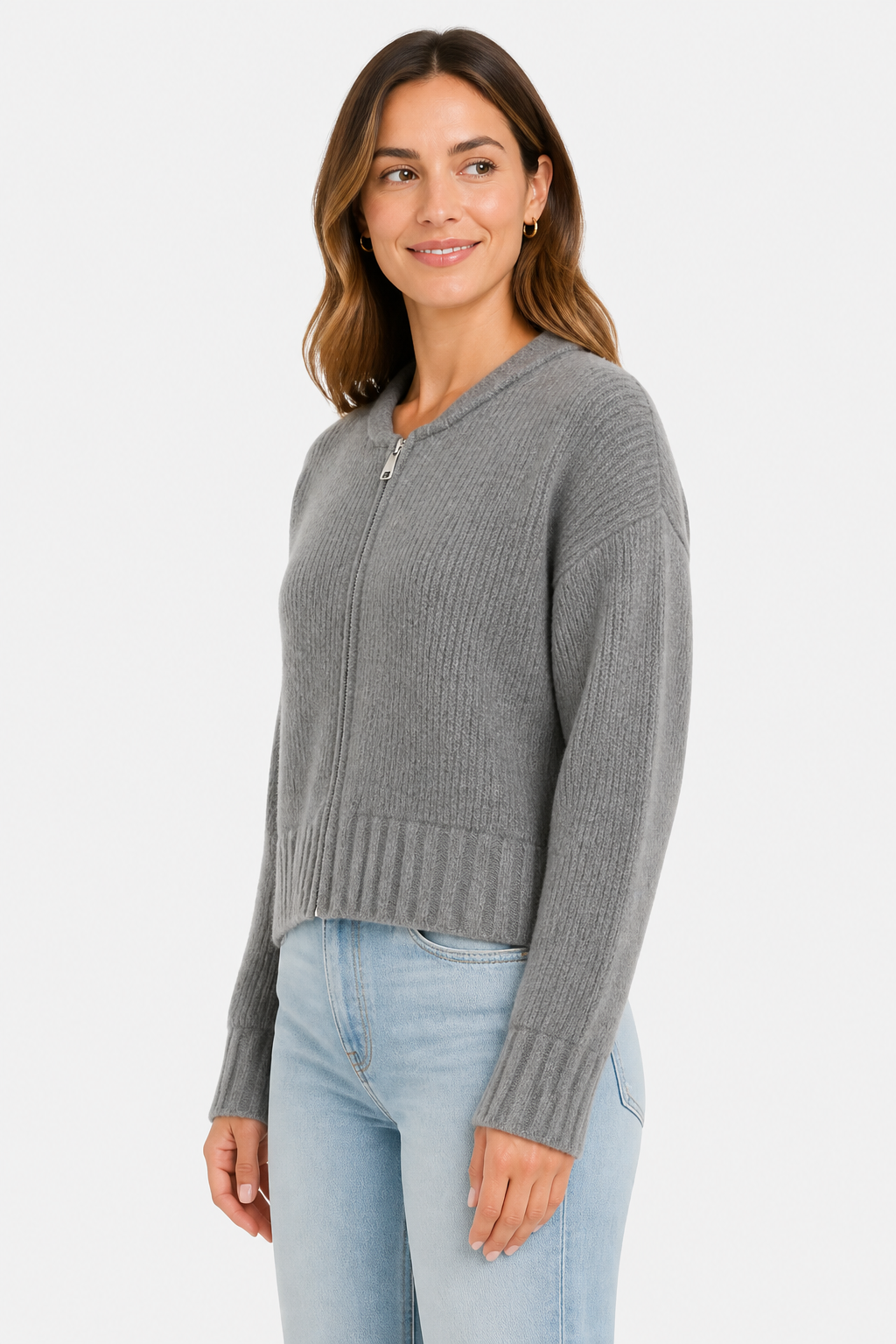 Zip Up Knitted Cardigan with Round Neck for Women - Grey - side