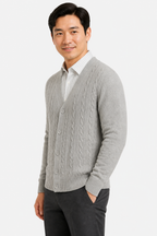 Men's Cable Knit Cardigan - V-Neck Button Front - Grey - side