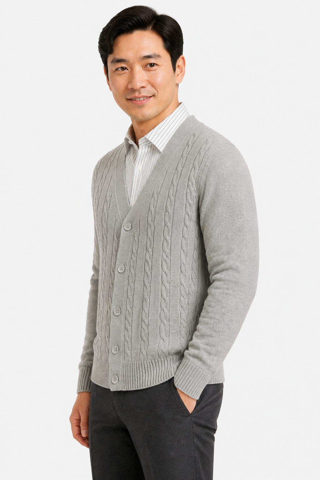 Men's Cable Knit Cardigan - V-Neck Button Front - Grey - side