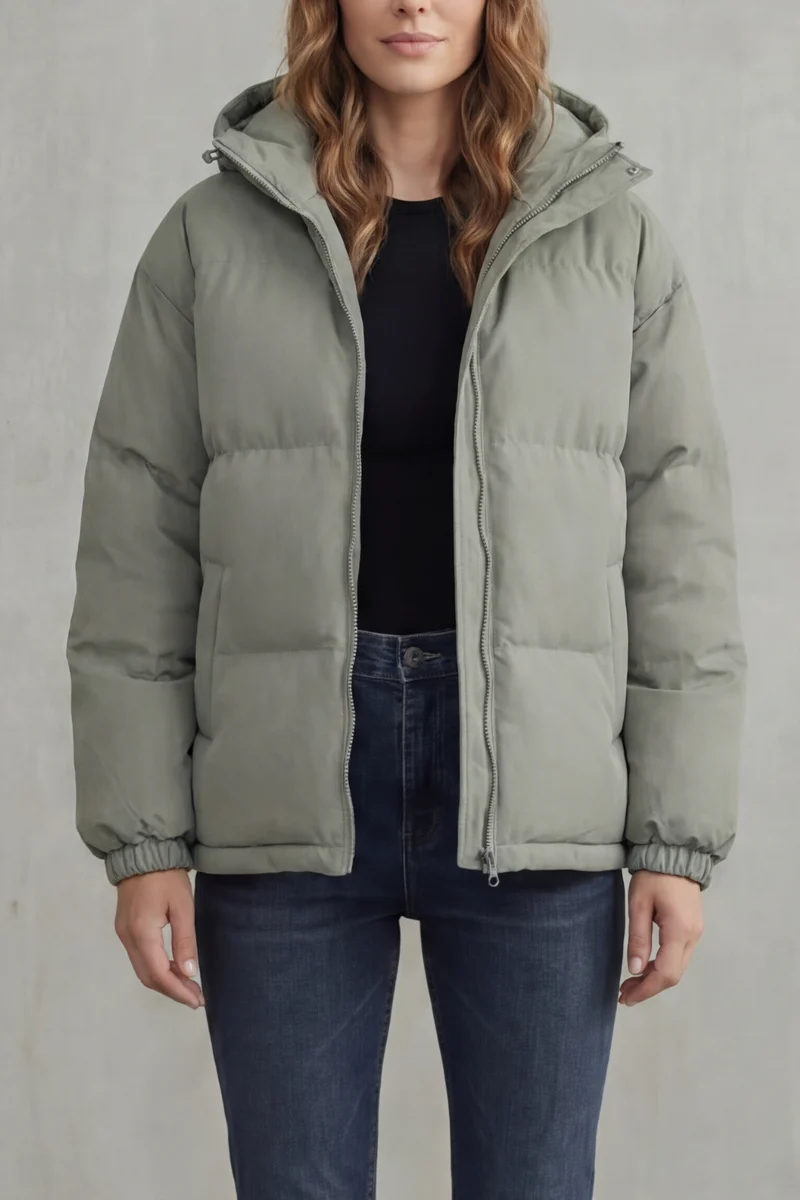 Oversized Hooded Puffer Jacket Zip Front - Oversized Fit