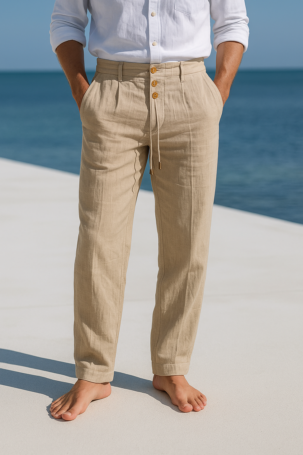 Linen Trousers Drawstring Button Placket - Relaxed Fit