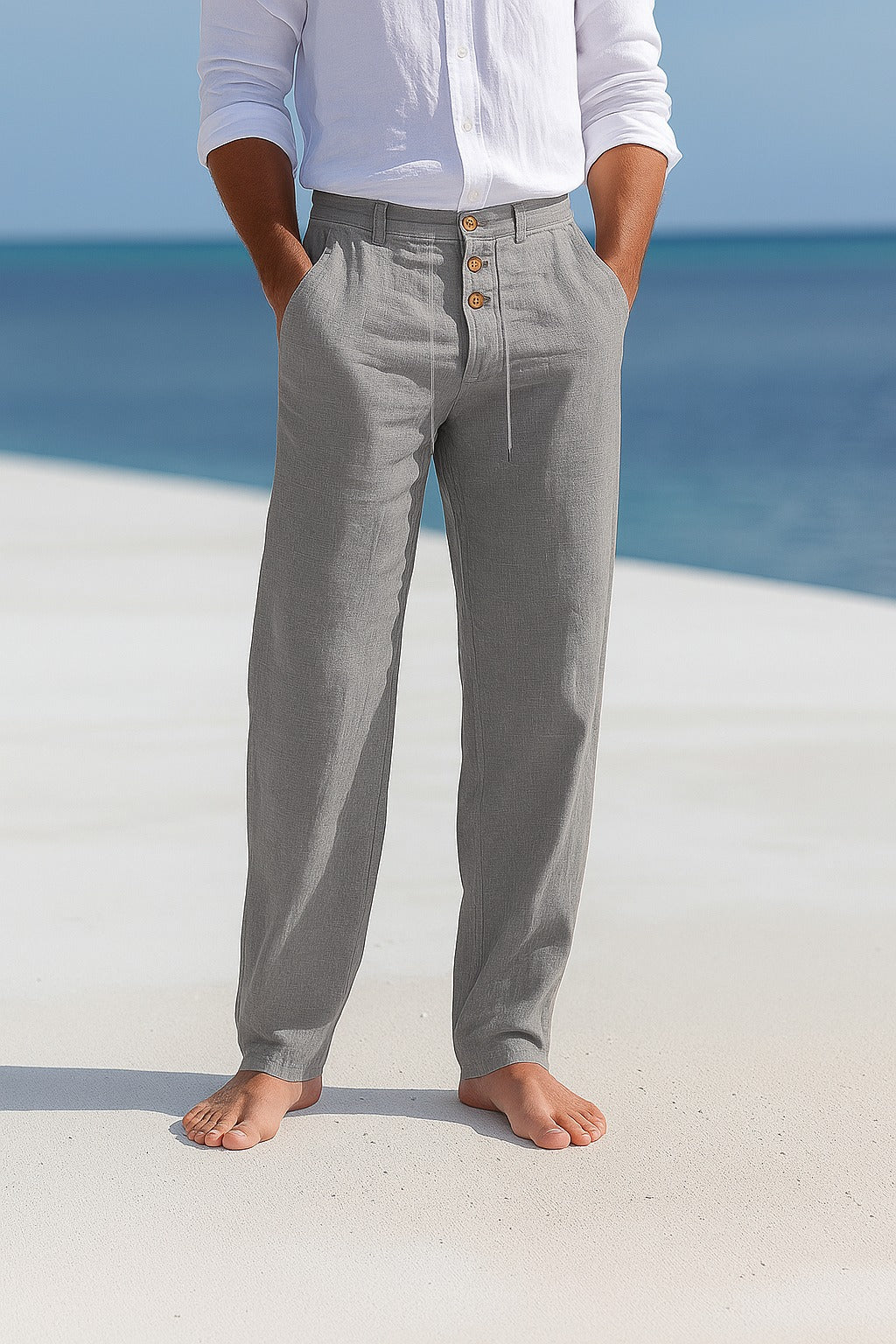Linen Trousers Drawstring Button Placket - Relaxed Fit