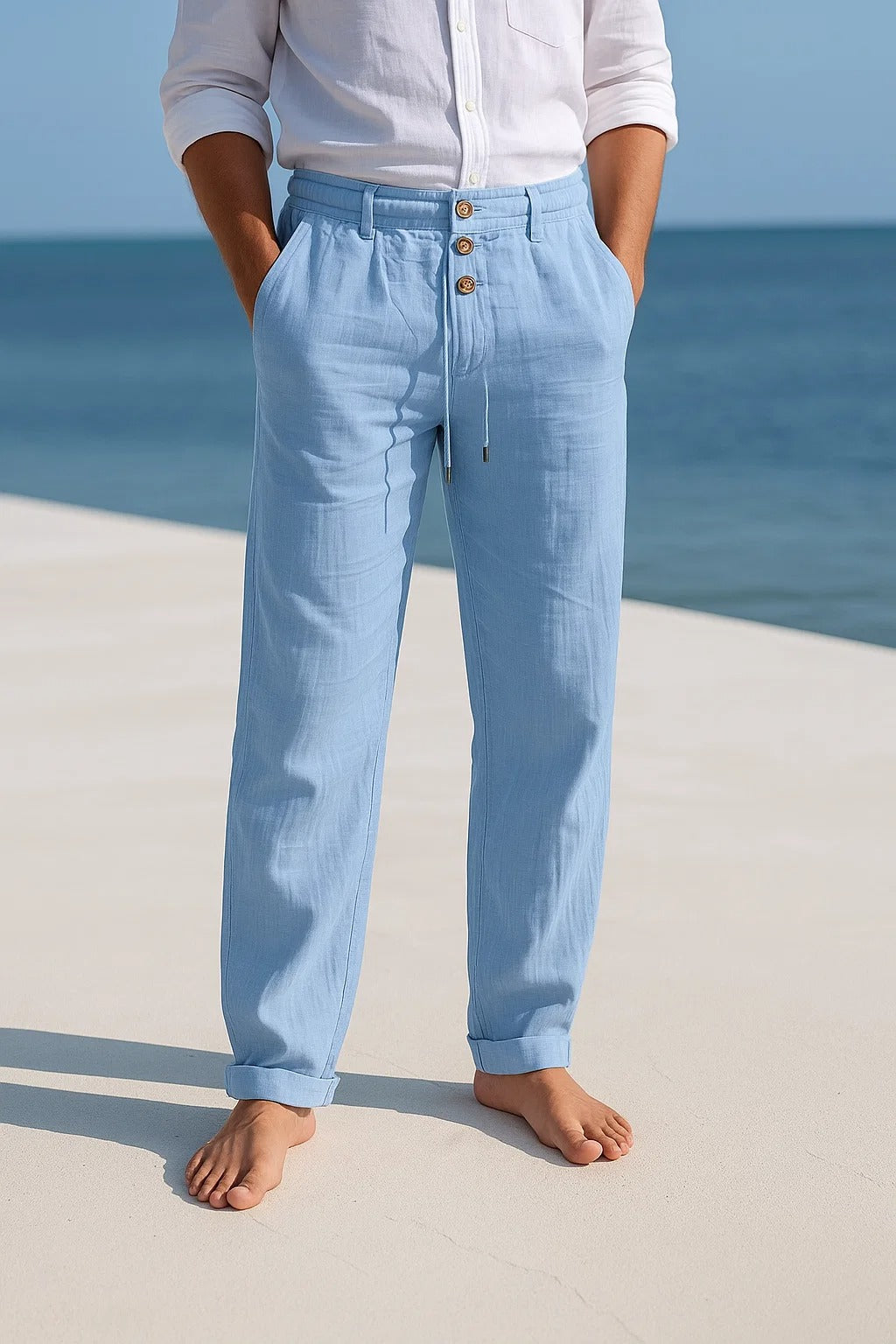 Linen Trousers Drawstring Button Placket - Relaxed Fit