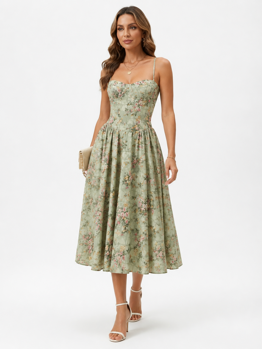 Floral Corset Midi Dress for Summer Wedding Guest Style