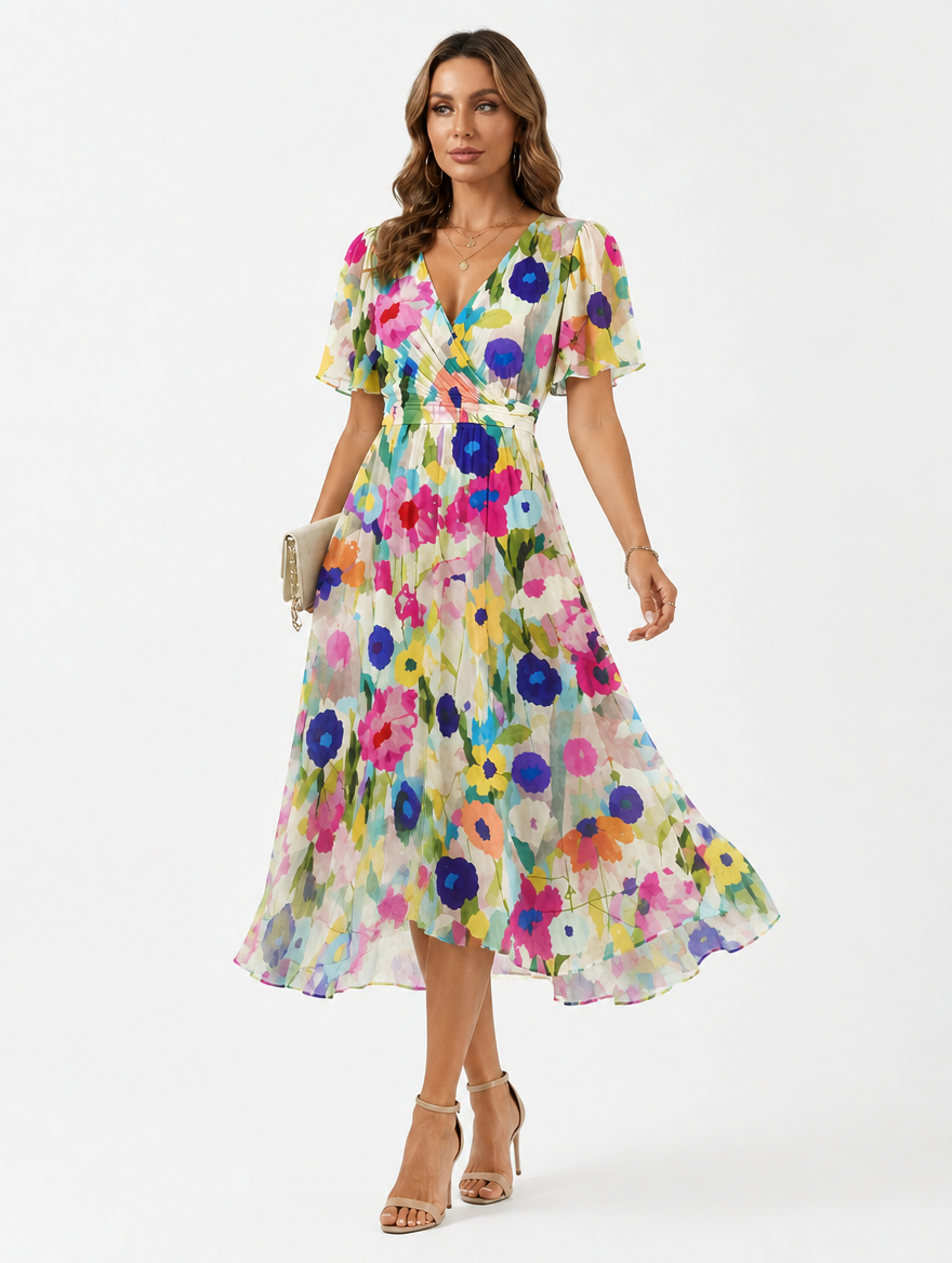 V-Neck Summer Dress with Flowing Midi Silhouette
