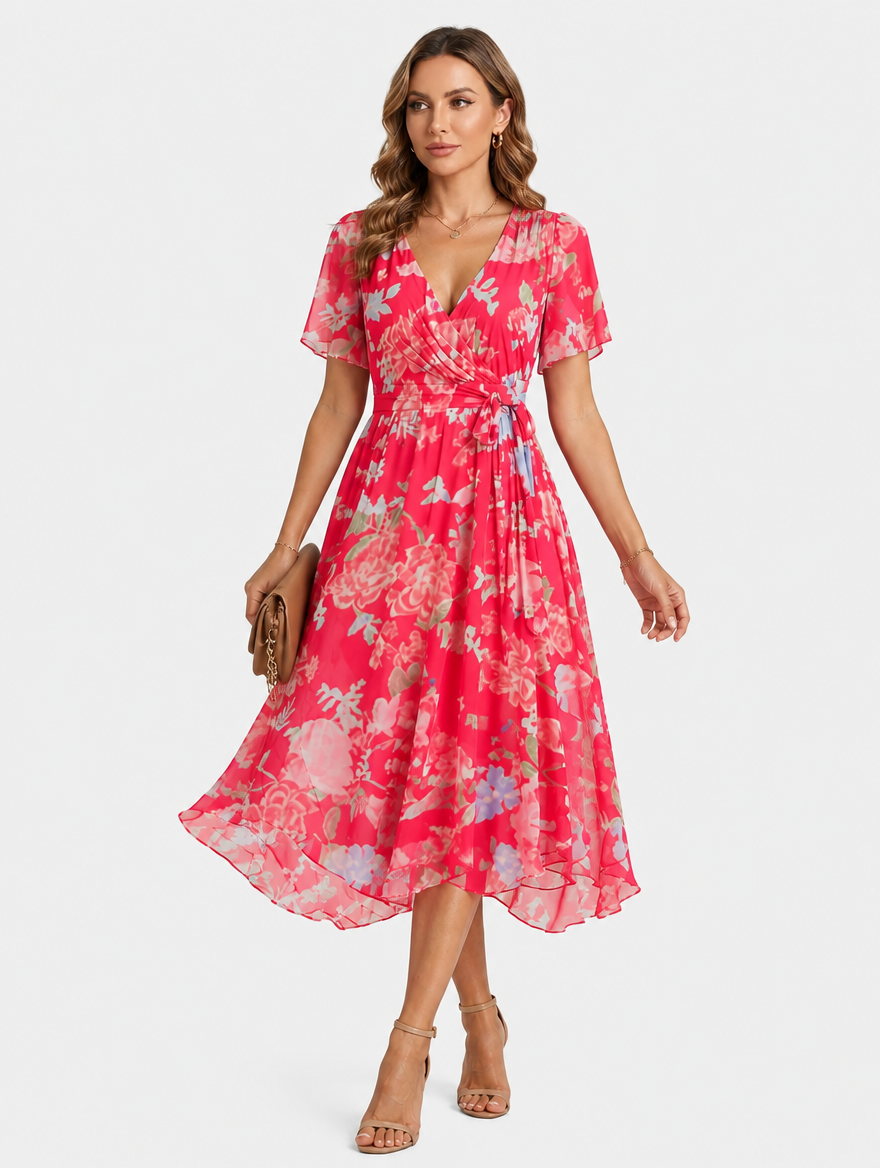 V-Neck Summer Dress with Flowing Midi Silhouette