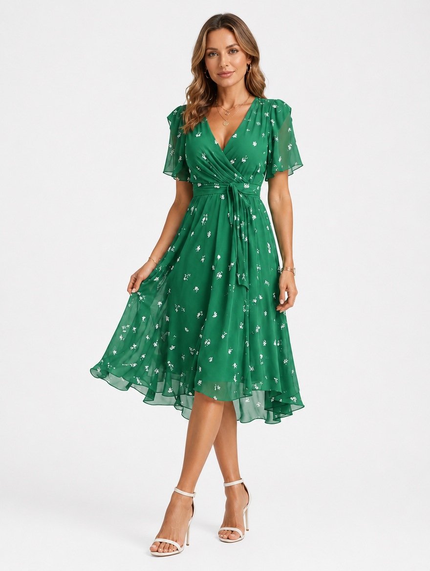 V-Neck Summer Dress with Flowing Midi Silhouette