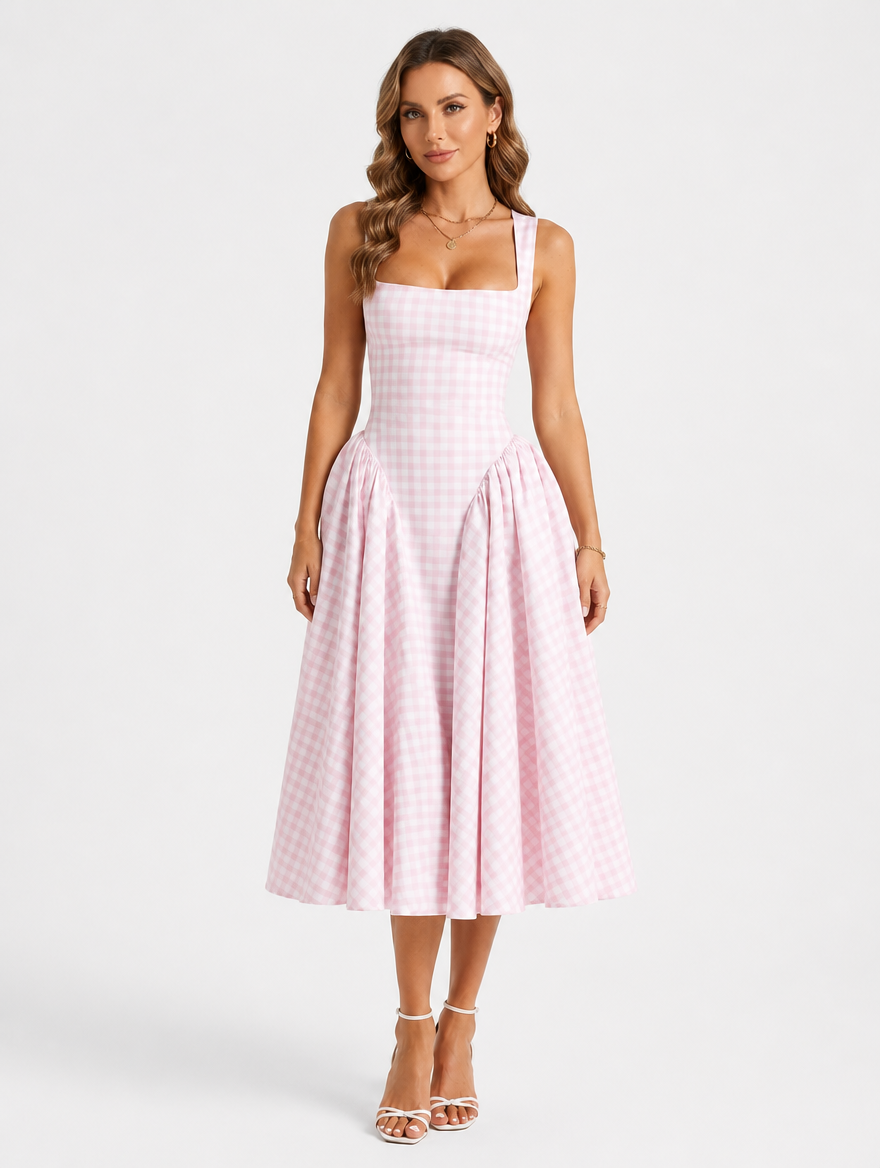 Gingham Midi Dress with Sculpted Waist for Summer