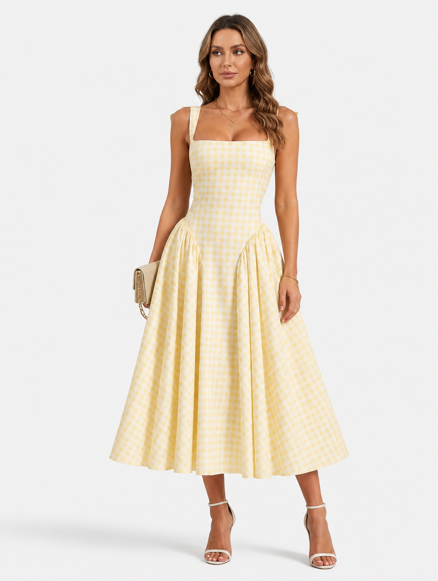 Gingham Midi Dress with Sculpted Waist for Summer