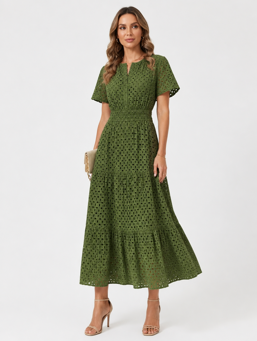 Eyelet A-Line Midi Dress in Cotton Blend for Summer