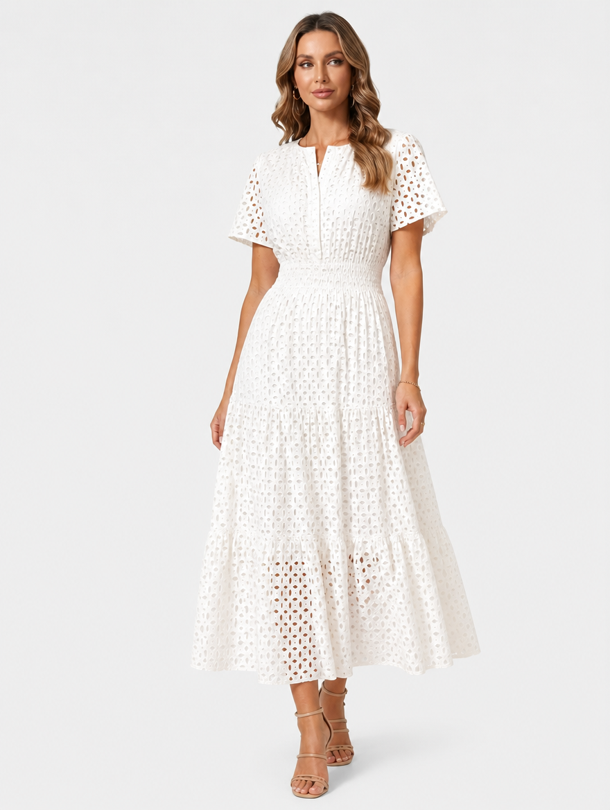 Eyelet A-Line Midi Dress in Cotton Blend for Summer