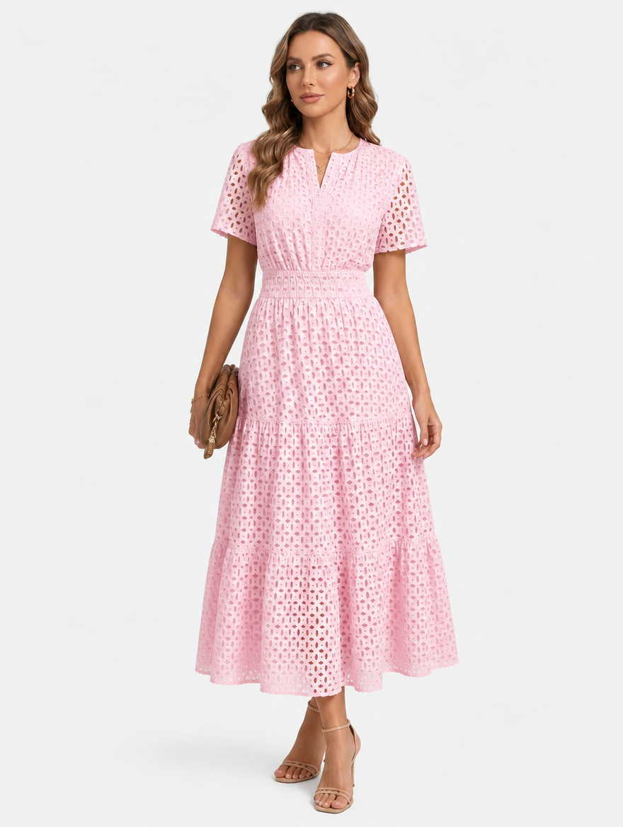 Eyelet A-Line Midi Dress in Cotton Blend for Summer