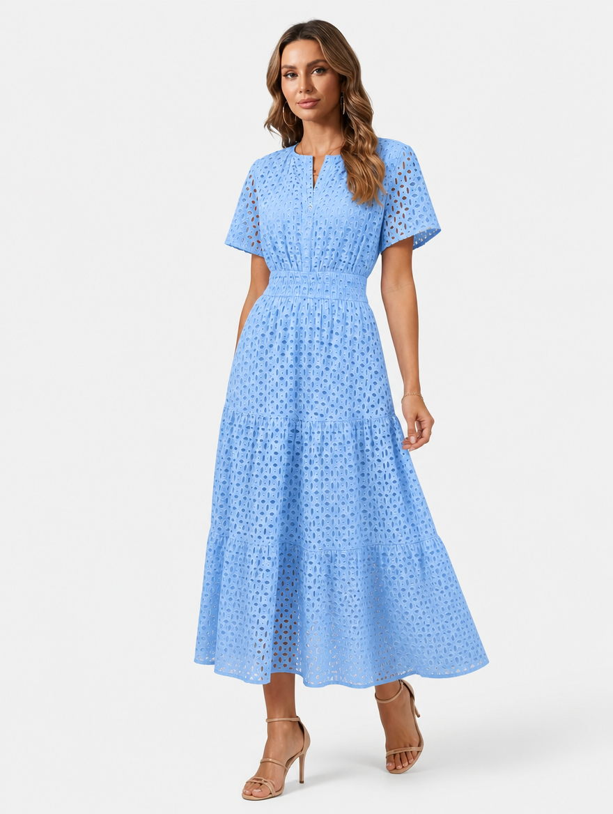 Eyelet A-Line Midi Dress in Cotton Blend for Summer