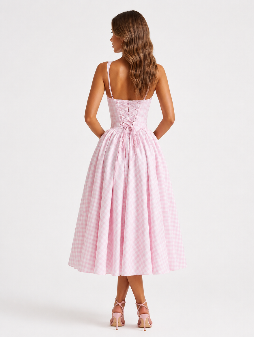Gingham Midi Dress with Sculpted Waist for Summer
