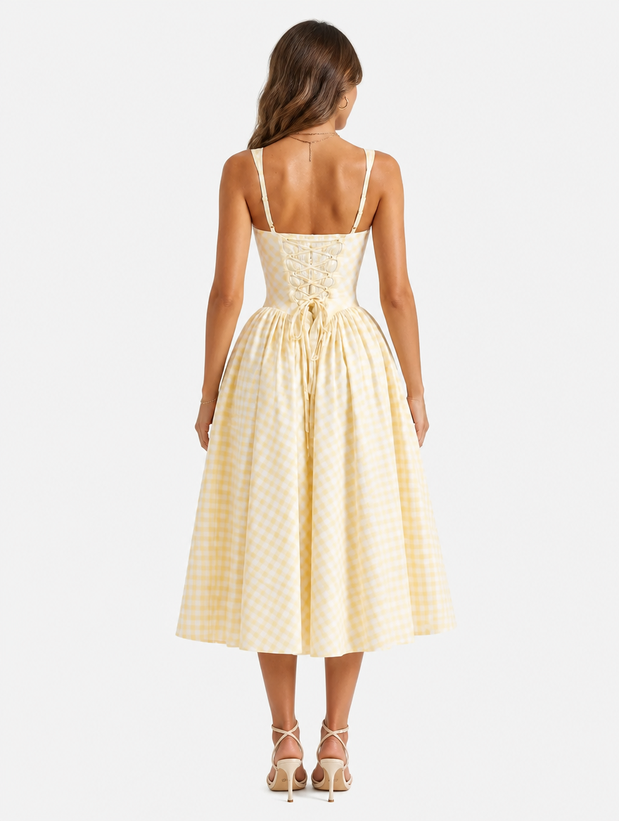 Gingham Midi Dress with Sculpted Waist for Summer