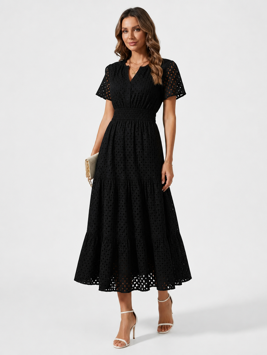 Eyelet A-Line Midi Dress in Cotton Blend for Summer
