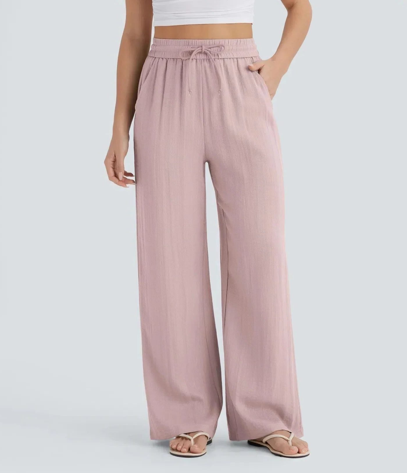 Linen High-Rise Wide-Leg Drawstring Trousers - Relaxed Fit