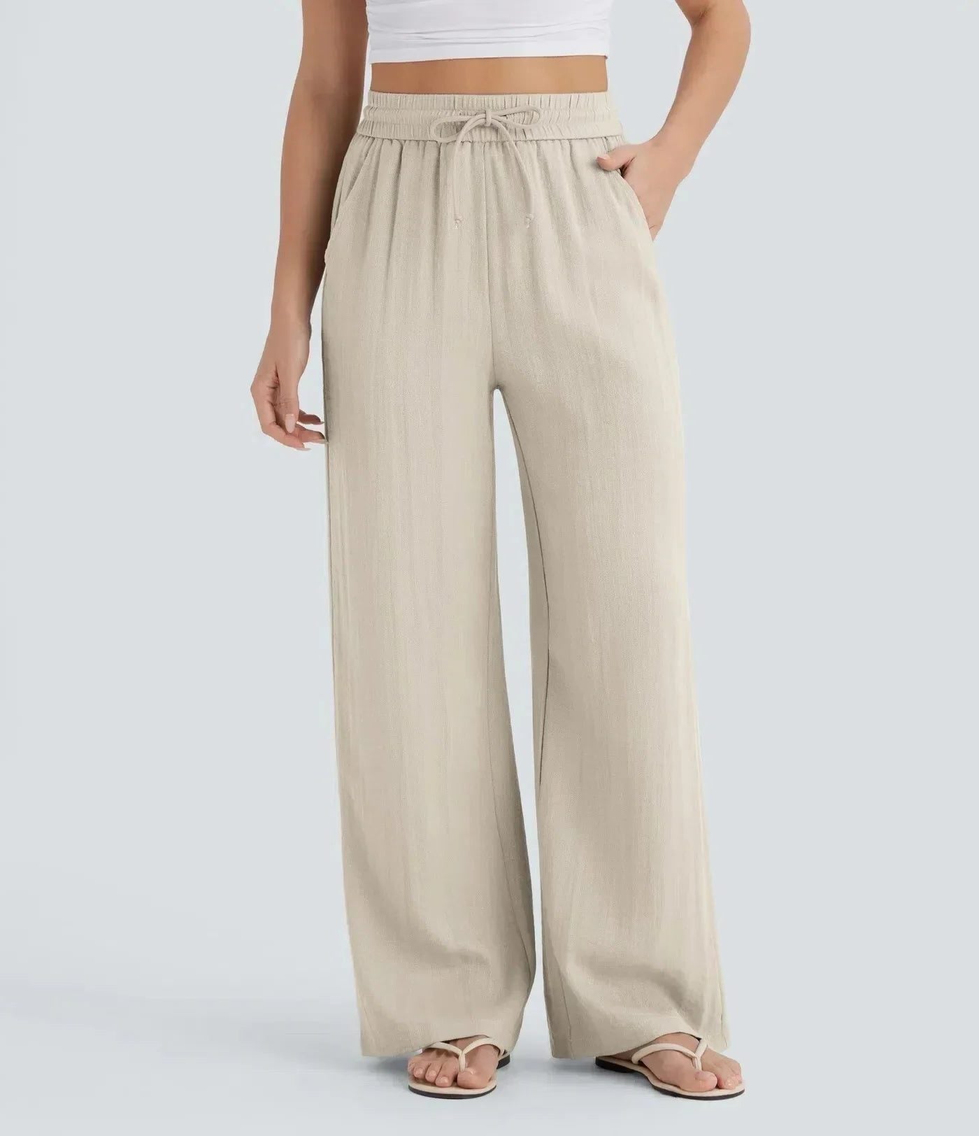 Linen High-Rise Wide-Leg Drawstring Trousers - Relaxed Fit
