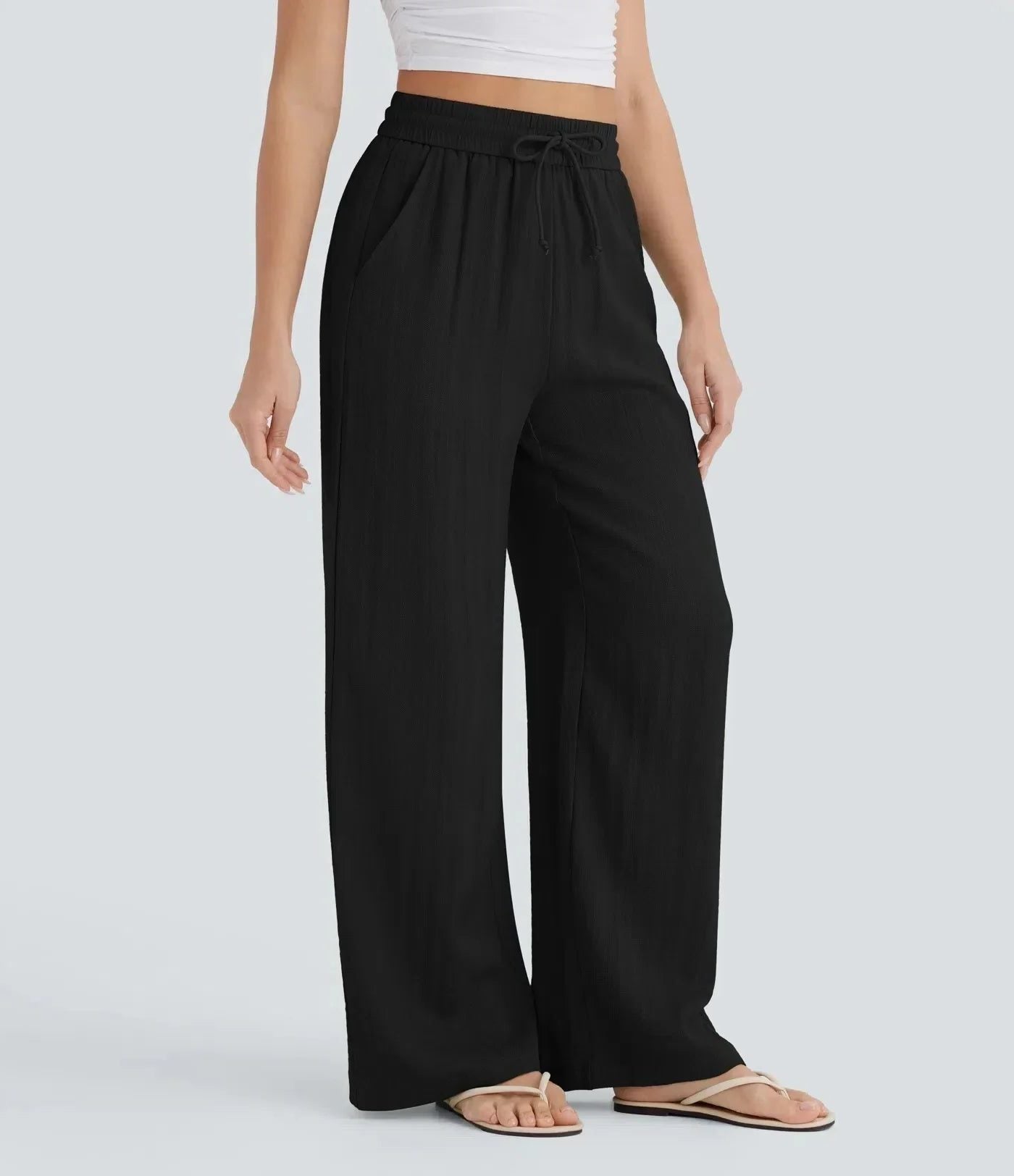 Linen High-Rise Wide-Leg Drawstring Trousers - Relaxed Fit