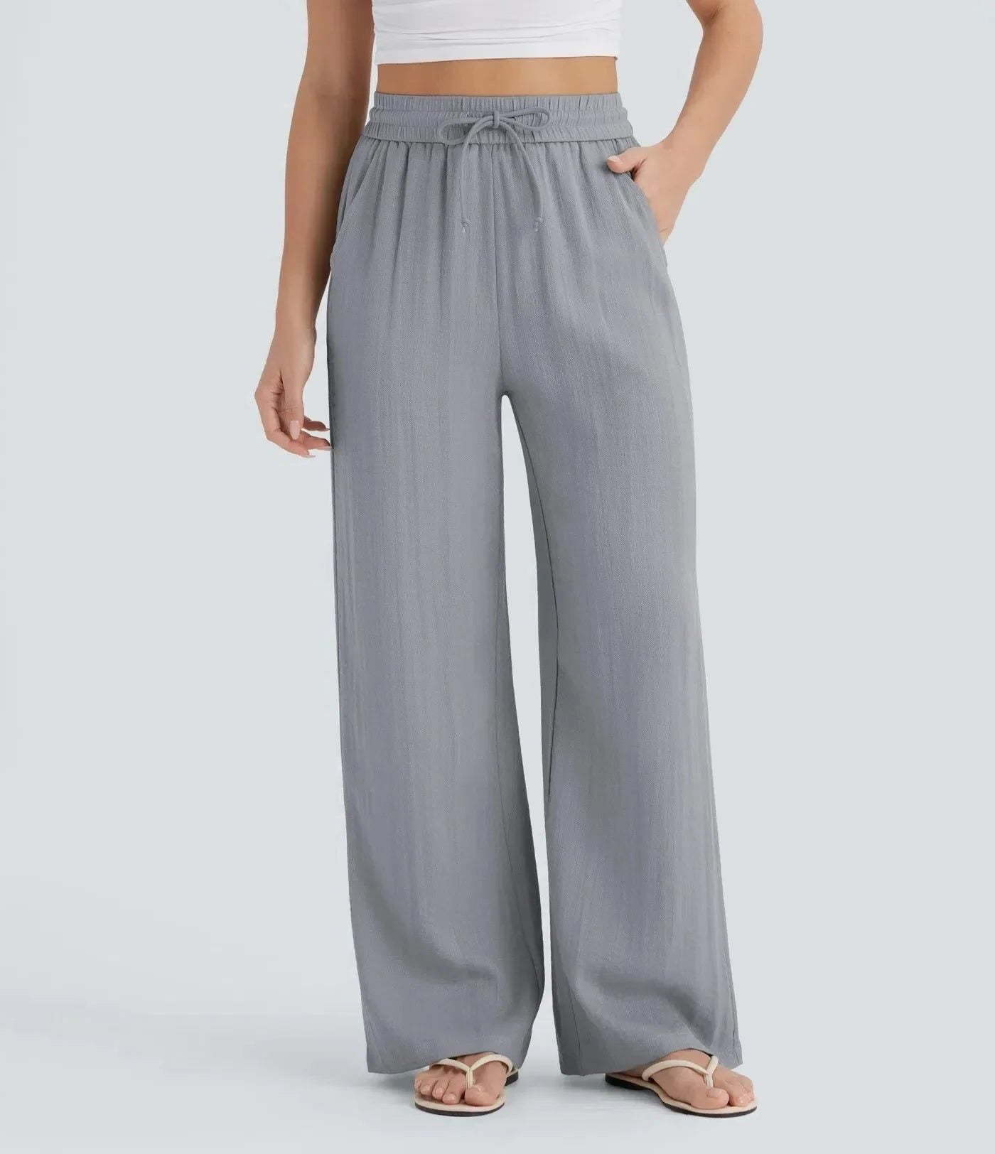 Linen High-Rise Wide-Leg Drawstring Trousers - Relaxed Fit
