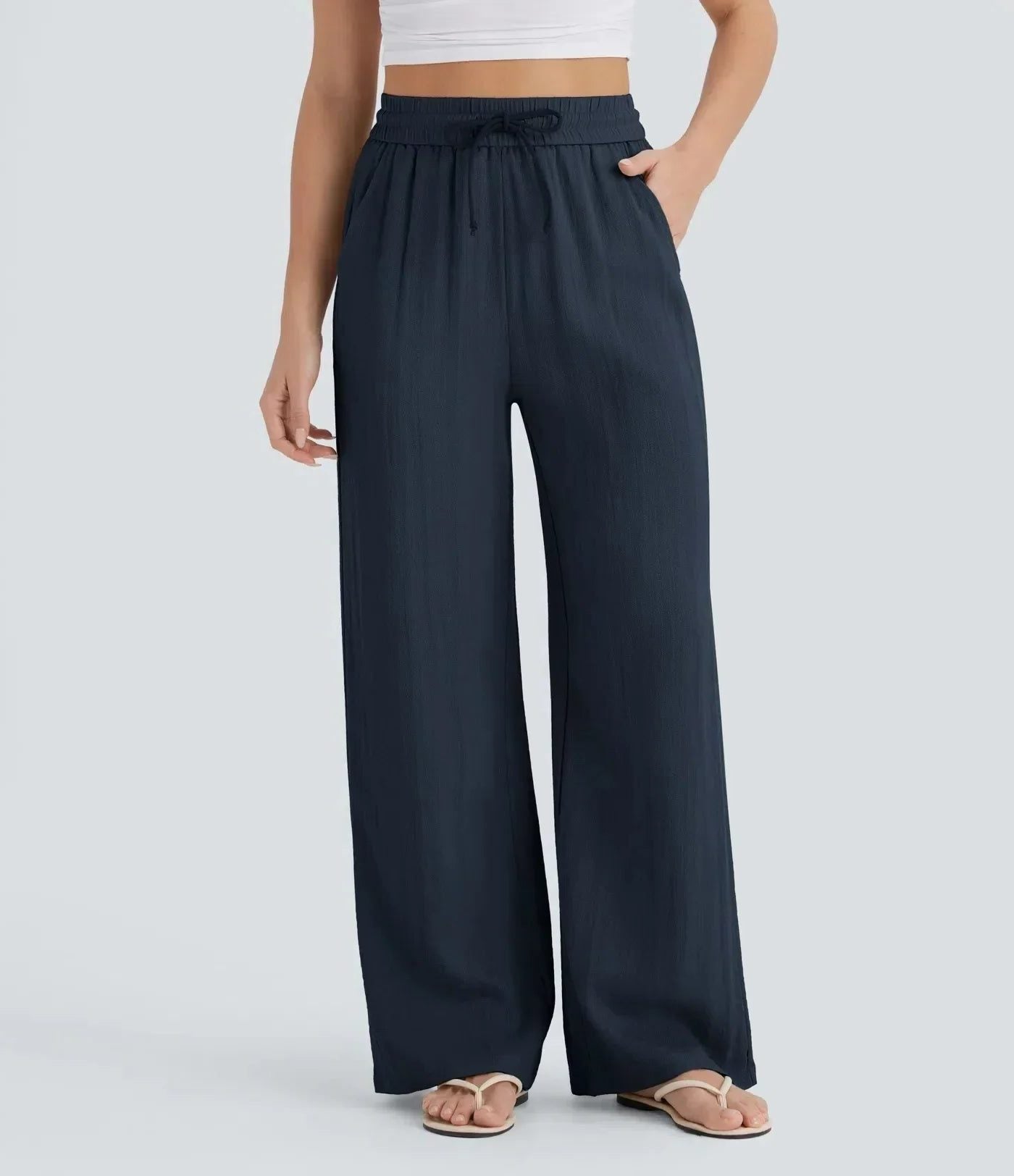 Linen High-Rise Wide-Leg Drawstring Trousers - Relaxed Fit