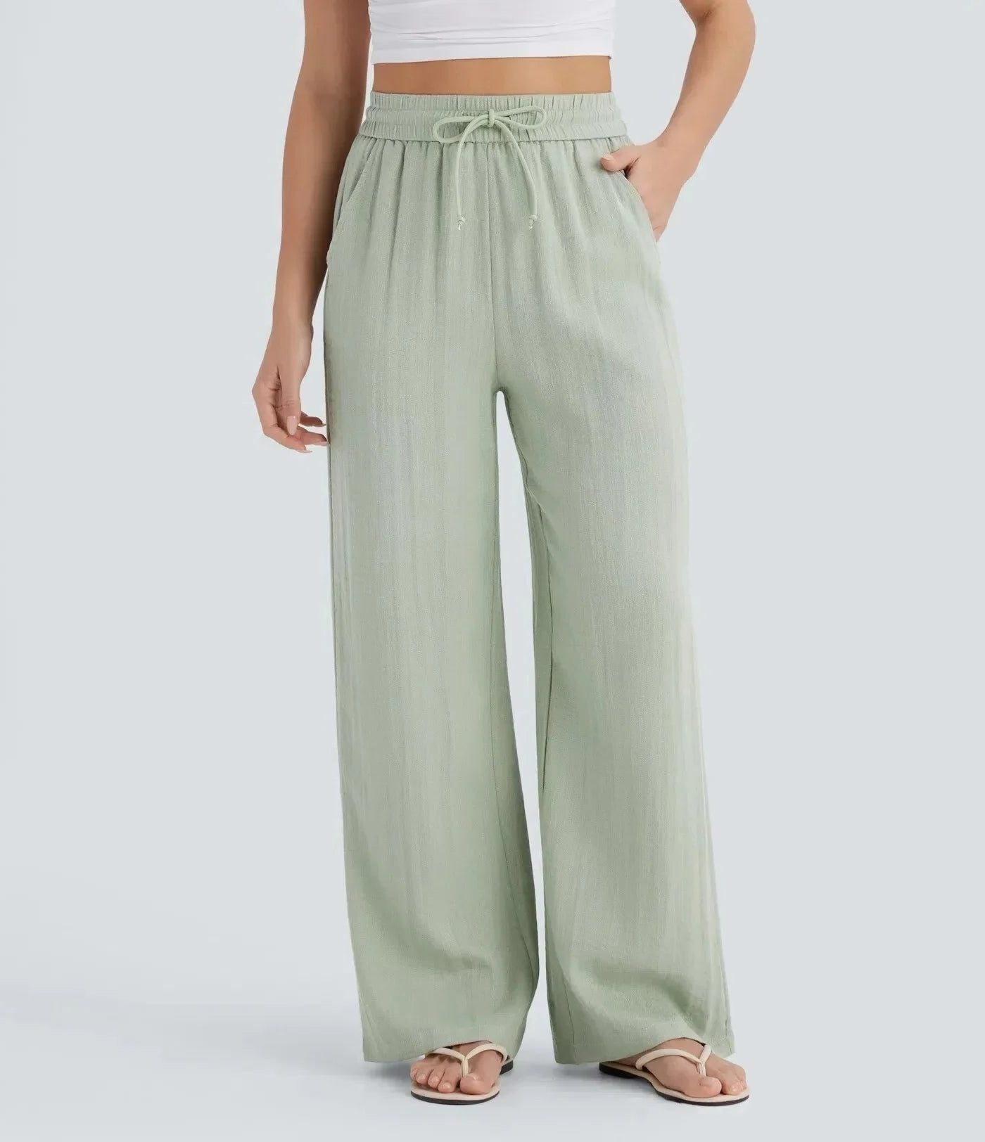 Linen High-Rise Wide-Leg Drawstring Trousers - Relaxed Fit
