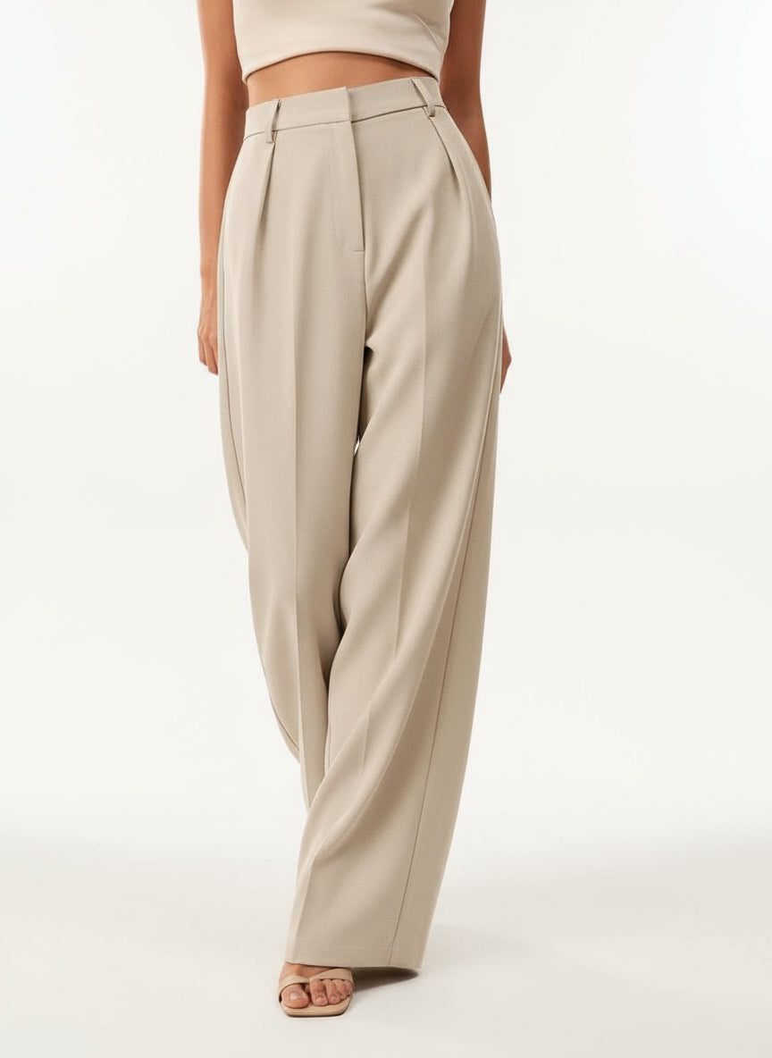 Pleated High Waist Wide-Leg Tailored Trousers - Classic Fit