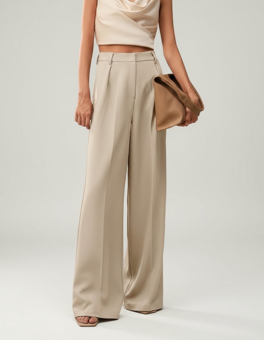 Pleated High Waist Wide-Leg Tailored Trousers - Classic Fit