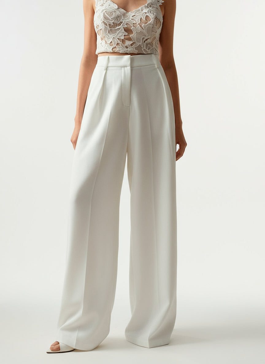 Pleated High Waist Wide-Leg Tailored Trousers - Classic Fit