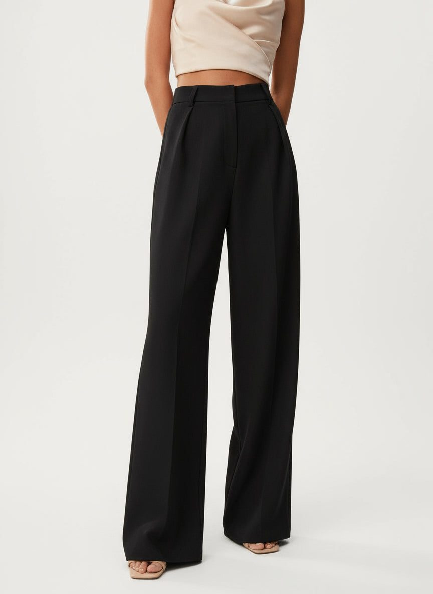Pleated High Waist Wide-Leg Tailored Trousers - Classic Fit