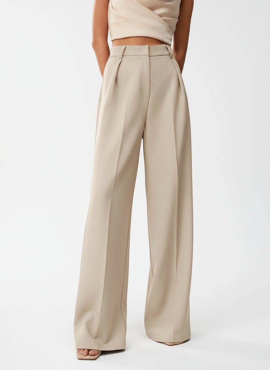 Pleated High Waist Wide-Leg Tailored Trousers - Classic Fit